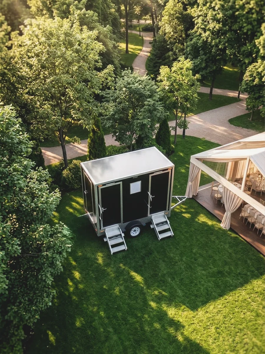 Restroom trailer in a garden event setting